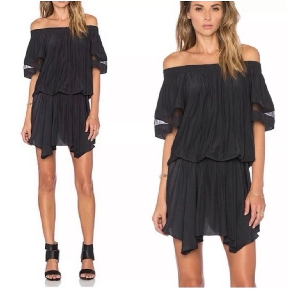 Ramy Brook Jessica Mini Dress Wmn M Black Boho Chic Smocked Off Shoulder Elastic